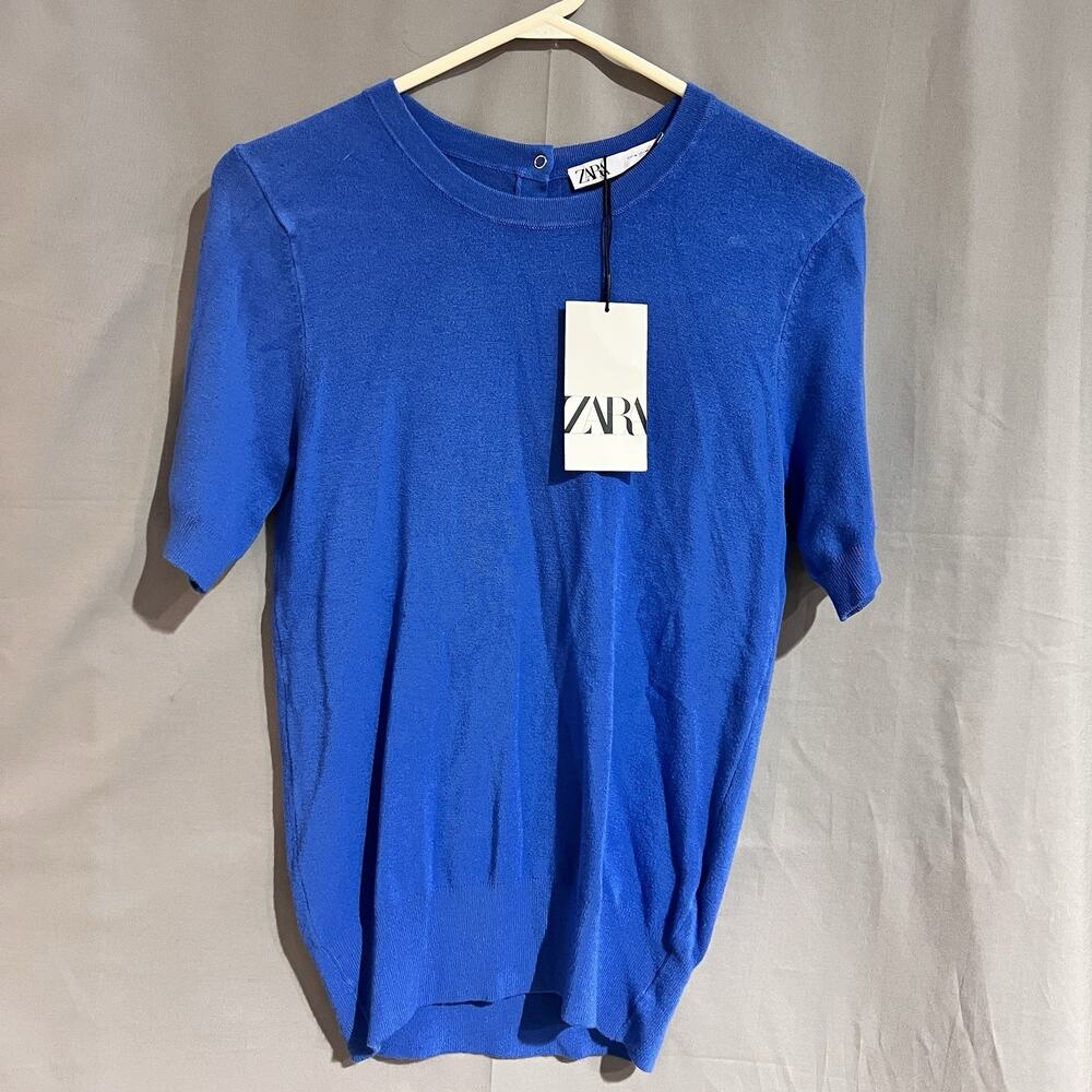 Zara Basic Short Sleeve Knit Jumper in blue Size Medium TG2052